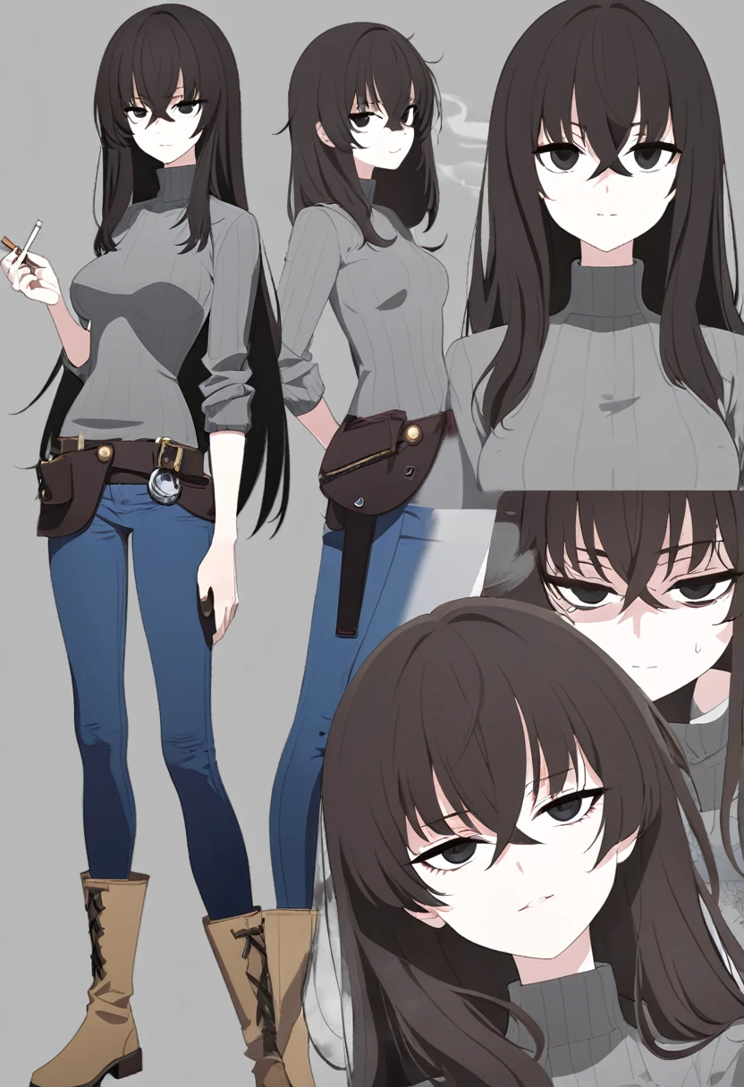 One Woman,Downer,older sister,Concept Art,Dark brown hair,Straight hair with slight inward curls,Staring eyes,Eye Ridge,black eye,Crossed bangs,whole body,smile,Slightly larger breasts,Gray background,Bangs that reach down to the eyes,Messy hair,Tight dark jeans,Gray turtleneck sweater,Multiple views of the same character,Character Design,Dark circles under the eyes,Bad look,Listless,Sloppy,accessories,Cafe staff,Holding a cigarette,whole bodyCharacter Design,Detailed hands,Height: 170cm,boots,