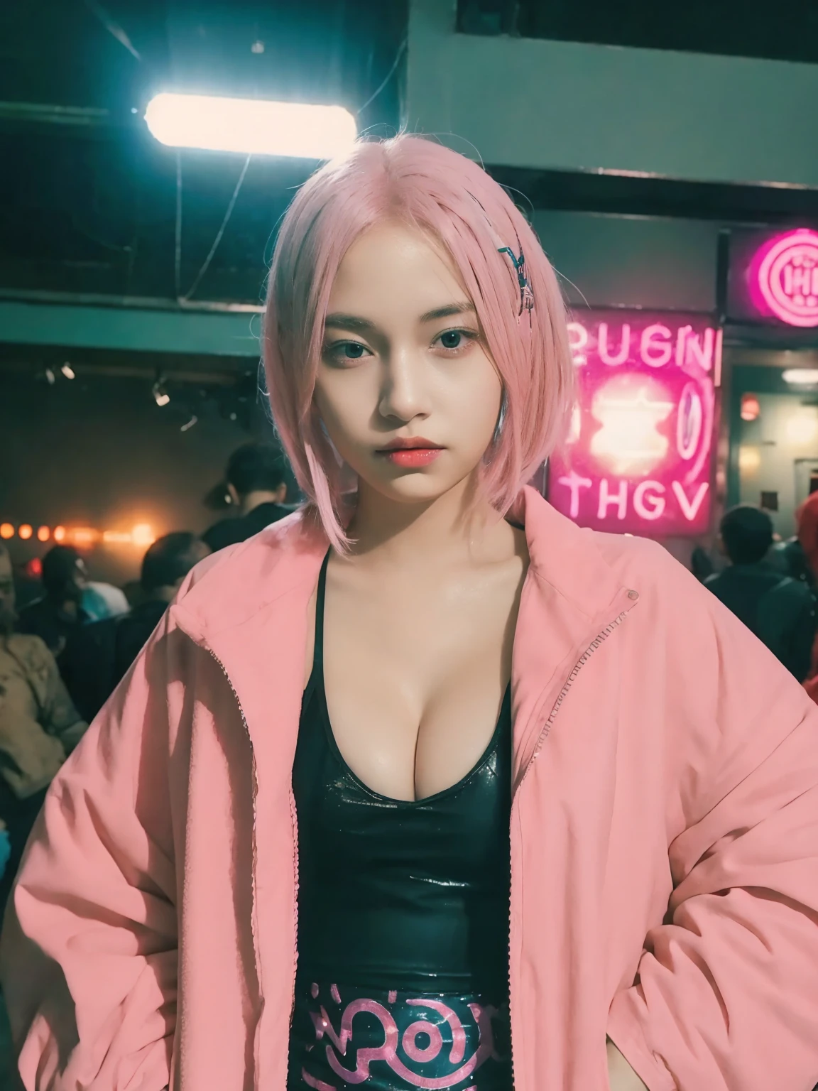 Photo of unaware female wearing sexy rave outfit, feathered jacket, pink hair, wide eye, lights, indoor, high saturation, soft focus, hyper details, cinematic lighting, concept art