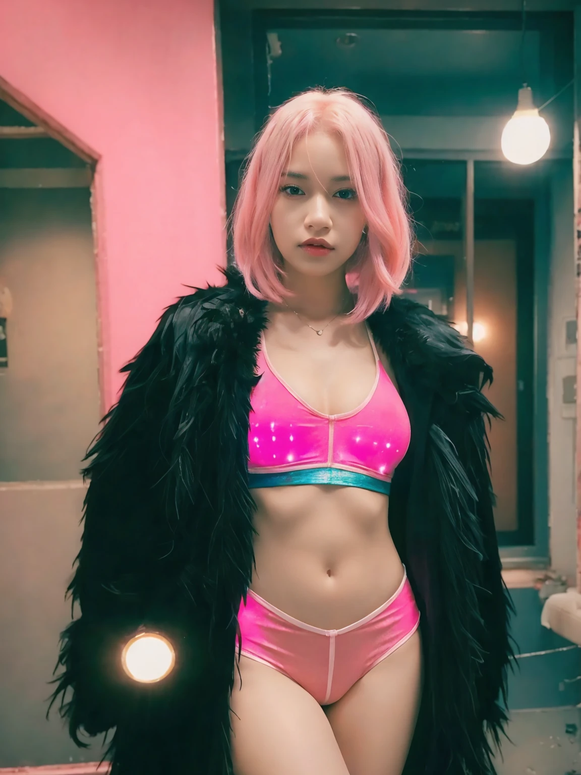 Photo of unaware female wearing sexy rave  outfit, feathered jacket, pink hair, wide eye,  lights, indoor, high saturation, soft focus, hyper details, cinematic lighting, concept art