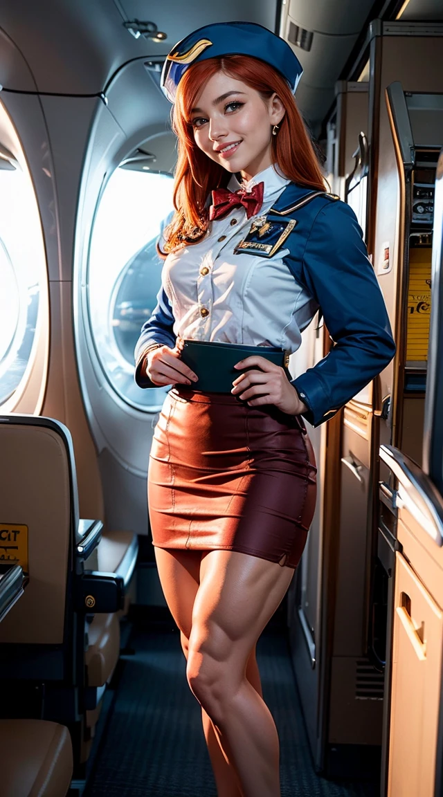 Sexy Stewardess (Air Stewardess) On the plane, with sexy tight fit and deep neckline. big breasts, Red lips, tied hair (long braid), typical flight attendant suit b(costume sexy), huge butts