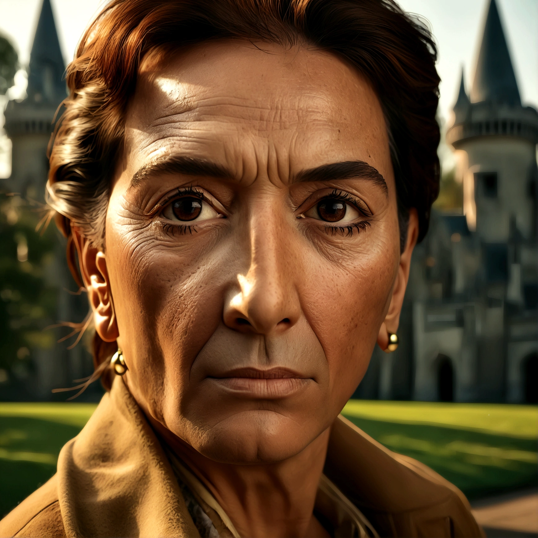 (Masterpiece 8k RAW photo of exceptional quality high resolution: 1.5), Detailed and realistic (portrait: 1.5), (Skin pores: 1.3), Texture Skin with wrinkles (freckles: 1.0), (Detailed Brown Eyes: 1.5), Castle park in the background, cinematic movie photograph (realistic, photo-realistic: 1.5), Soft, natural lighting with dramatic contrast, shallow depth of field, grain of film, clear, ultra-detailed, dynamic compositing, Leica 110mm.