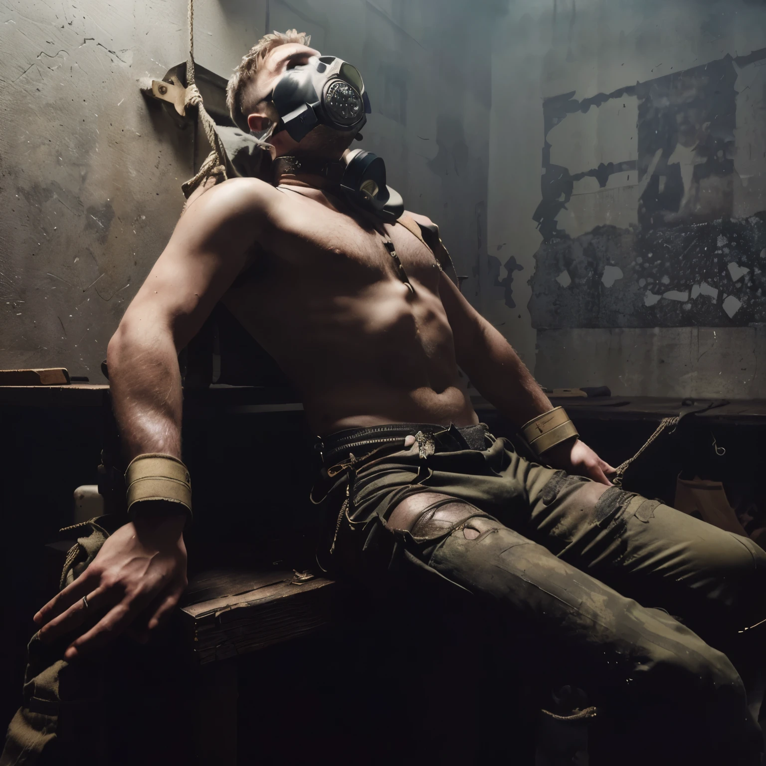 there is a man with a gas mask on his face, restrained, his clothes are torn and dirty, lascivious pose, strangled with rope, inspired by Nan Goldin, on a rough wooden dungeon table, ((restrained)), raphael personnaz, model posing, egor letov, pose 4 of 1 6, inspired by Dmitry Levitzky