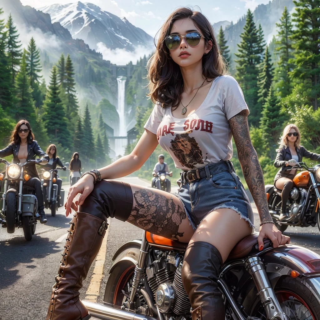 woman with large breast with tattoos sitting on a motocicleta on a road, motocicleta, motocicletas, rainha arlequina, Harley Davidson, estilo de arte de realismo, sitting on a motocicleta, estilo de tatuagem, motociclista, estilo de arte hiperrealista, high quality works of art, estilo de realismo, realista artwork, realista art style, picture of a female motociclista, indiano, imagem de perfil, modelo de ultra alta qualidade, ultra realista picture, Obra de arte, melhor qualidade:1.2),,(8K,high resolution,Foto CRU,realista,photo-realista:1.3),(textura detalhada da pele,textura detalhada de pano,lindo rosto detalhado:1.25),professional lighting,Photon mapping,linda luz suave,radiosidade,physically based rendering,Ray tracing, estilo de filmagem de modelo, estilo de filmagem de modelo, (extremely detailed CG unity 8K wallpaper), foto completa do corpo da obra de arte mais bonita do mundo,