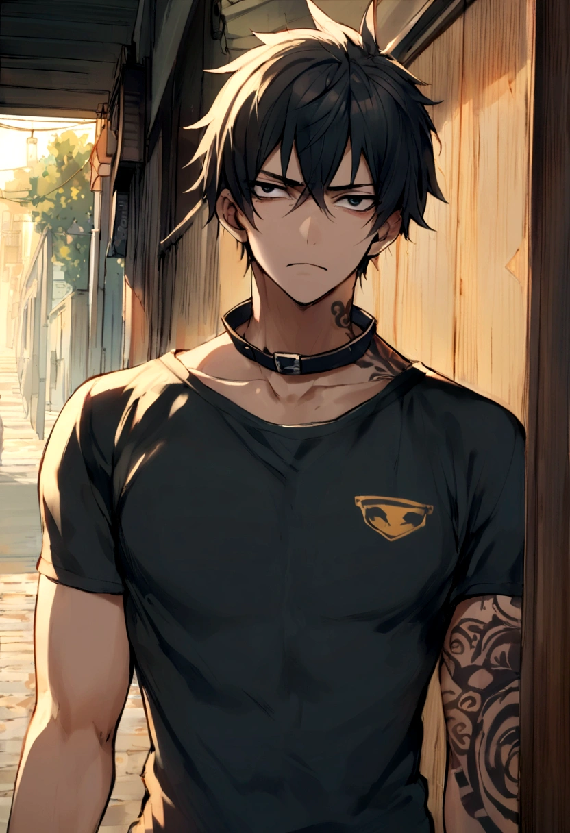A high school teenage boy, dressed as a restaurant delivery courier, with a firm, intimidating face, black eyes, short black hair, in the background of an alley in the late afternoon. in front of him was an adult man, fit body with tattoos, wearing a black t-shirt, who was grabbing the shirt collar of a teenage boy in front of him