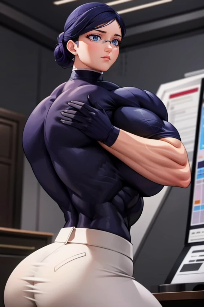 a muscular female bodybuilder in office suit, detailed face, beautiful detailed eyes, beautiful detailed lips, extremely detailed face and muscles, long eyelashes, strong muscles bulging through suit, dynamic pose, professional studio lighting, hyperrealistic, 8k, high quality, photorealistic, physically-based rendering, concept art, dramatic color palette,(from behind big ass,face looking at left side)