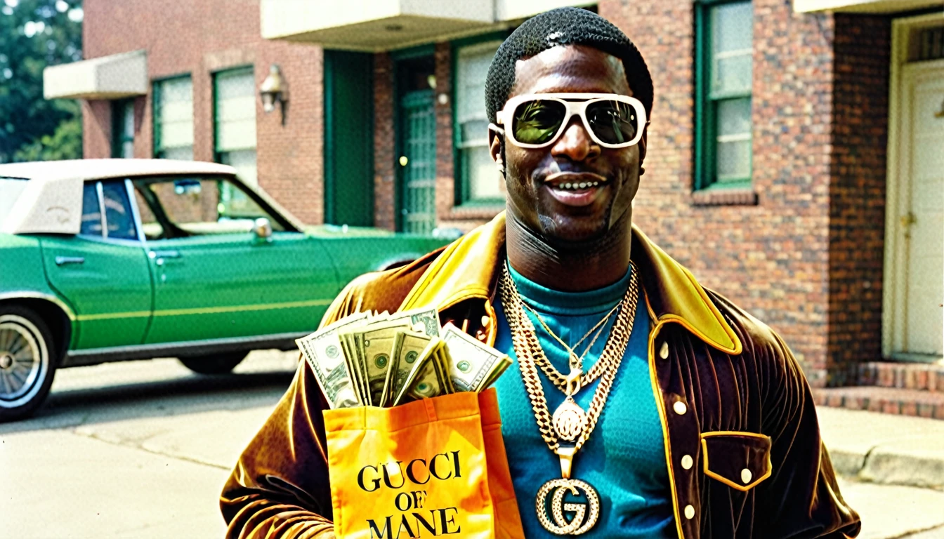 1970s photo of "Gucci Mane" wearing 70's attire holding a bag of cash, 1 man,