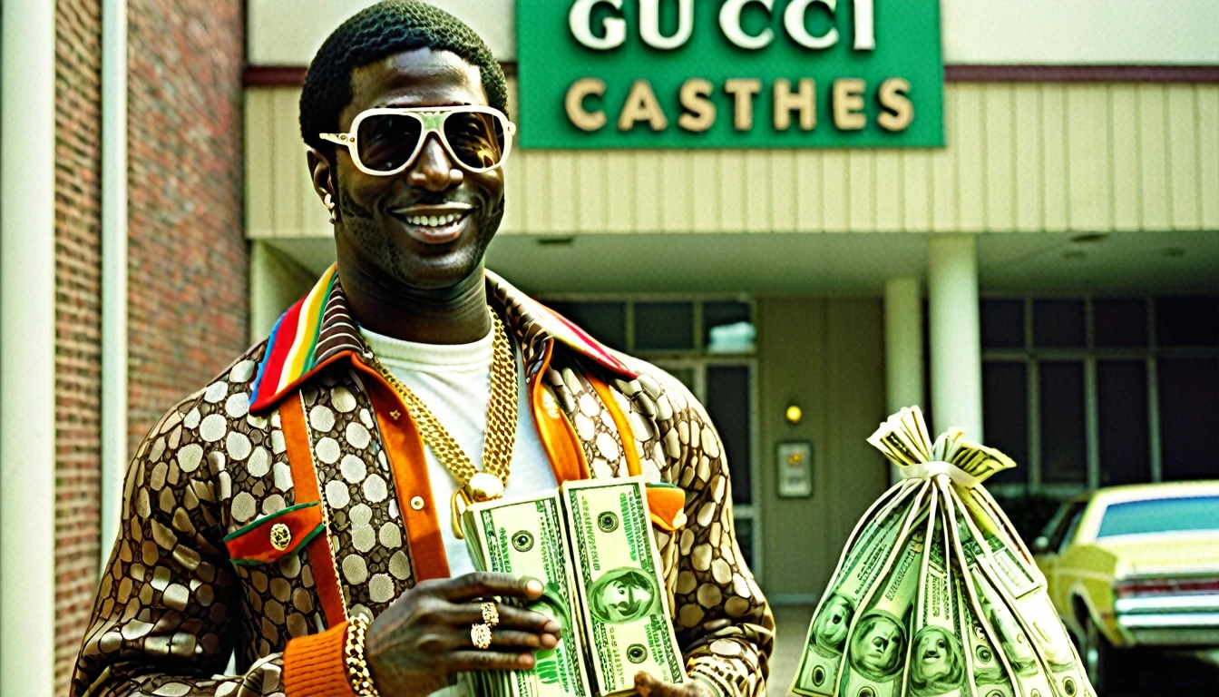1970s photo of "Gucci Mane" wearing 70's attire holding a bag of cash, 1 man,