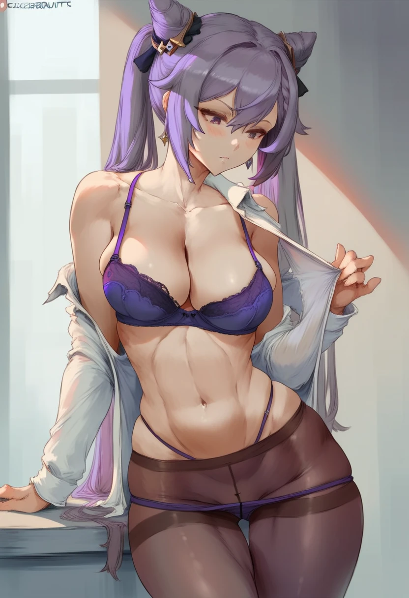 cutesexyrobutts style, realistic, 1girl, underwear, keqing_(genshin_impact), panties, breasts, solo, cone_hair_bun, purple_panties, pantyhose, shirt, bra, navel, hair_bun, purple_bra, pantyhose_pull, long_hair, hair_ornament, white_shirt, open_shirt, purple_hair, purple_eyes, clothes_pull, open_clothes, jewelry, twintails, cleavage, earrings, large_breasts, stomach, braid, bangs, double_bun, blush, collarbone, black_pantyhose, lace_trim, lace-trimmed_bra, brown_pantyhose, cowboy_shot, closed_mouth, blurry_background, blurry, groin, long_sleeves, lace-trimmed_panties, indoors, collared_shirt, thighs, alternate_costume, looking_down