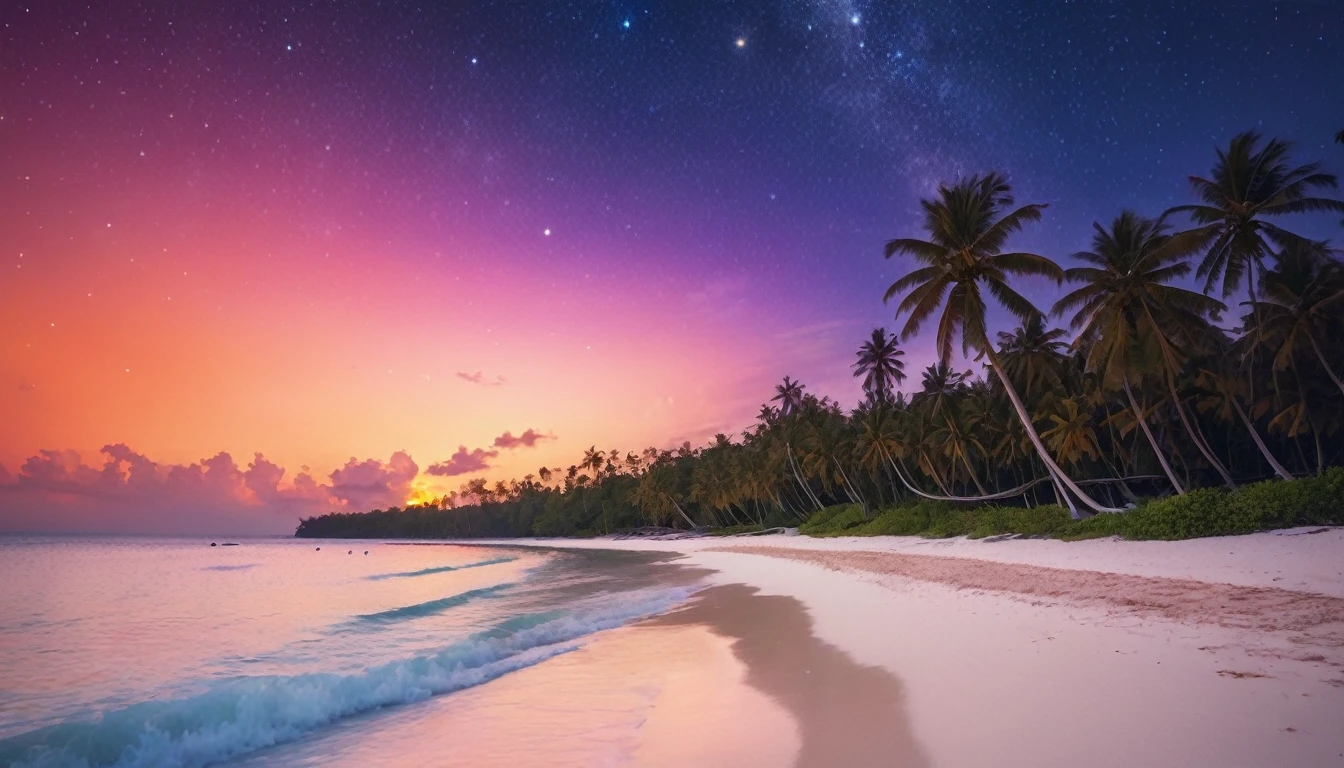 "A beach with clear, bright blue water, soft white sand, beautiful coconut trees, a sunset sky with orange-red clouds, blending soft colors of blue, purple, orange, and red, with stars beginning to appear and a falling comet in the night sky."