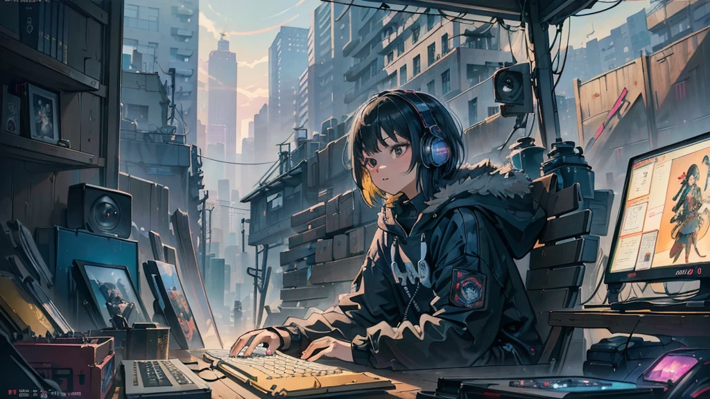 masterpiece, Best illustration, alone, A very detailed beautiful woman, Perfect face,Black Hair, bob cut,Bangs, Gray eyes,, Sitting, OK, keyboard \ (Computer \), Fur decoration, Computer, monitor, hood, Jacket, hood Down, Chair, earphone, City, Double OK, musical instrument, cyberpunk, Small wooden toys, \((Intricate details\)\), Color details, Rainbow colorsBREAK, \(\(masterpiece Best Quality\)\), 4k, Super detailed, Detailed lighting, \((Inspired by Hayao Miyazaki), official art, propaganda art, work, - car