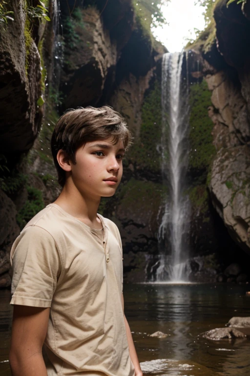 A caucasian teenager boye A brown hair and not wearing clotes in the waterfall.
