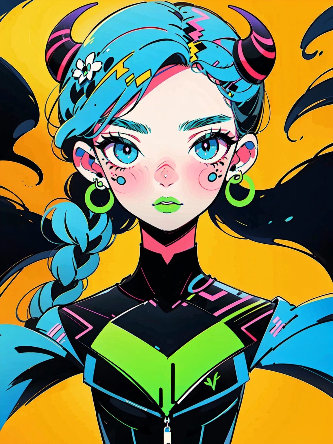 4lb1n0, 1girl, vibrant green hair, Big eyes, Flower pattern on eyes, Pupil shape, glowing violet eyes, oversized circle earrings, neon jumpsuit, matte neon green lips, portrait with energetic expression, neon grid background, masterpiece, best quality, cut3h0rnstyl3, facing forward, horns, (Neon Dream Demon)