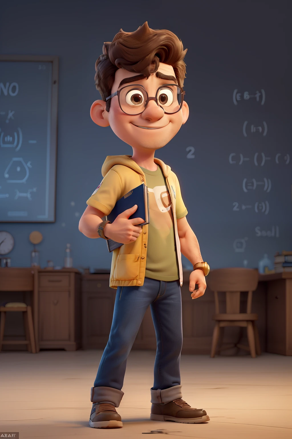 ((Create the image of a superhero with the characteristics described, em estilo de desenho Pixar, here is a detailed representation:
physicist: Esbelto e elegante, com uma postura confiante e ereta.
Idade: Aparenta cerca de 40 anos, com algumas rugas leves que denotam sabedoria.
Cor de Pele: Branca.
Barba: Cheia e escura, com alguns fios brancos misturados.
Cabelo: Curto, smooth with some natural waves, bem cheio e de cor preta.
glasses: Thin, golden frame, estilo intelectual.
Vestimenta: Jeans and a Pink Floyd t-shirt.
facial expression: Sorriso doce, sharp and intelligent look.
Personalidade: Inteligente e doce, but with a touch of sarcasm and slight pessimism. Gosta de ensinar e compartilhar conhecimento.
Na imagem, he could be in a pose that reflects his intelligence and confidence, maybe with a book or scientific formulas around, indicating his passion for physical chemistry.l