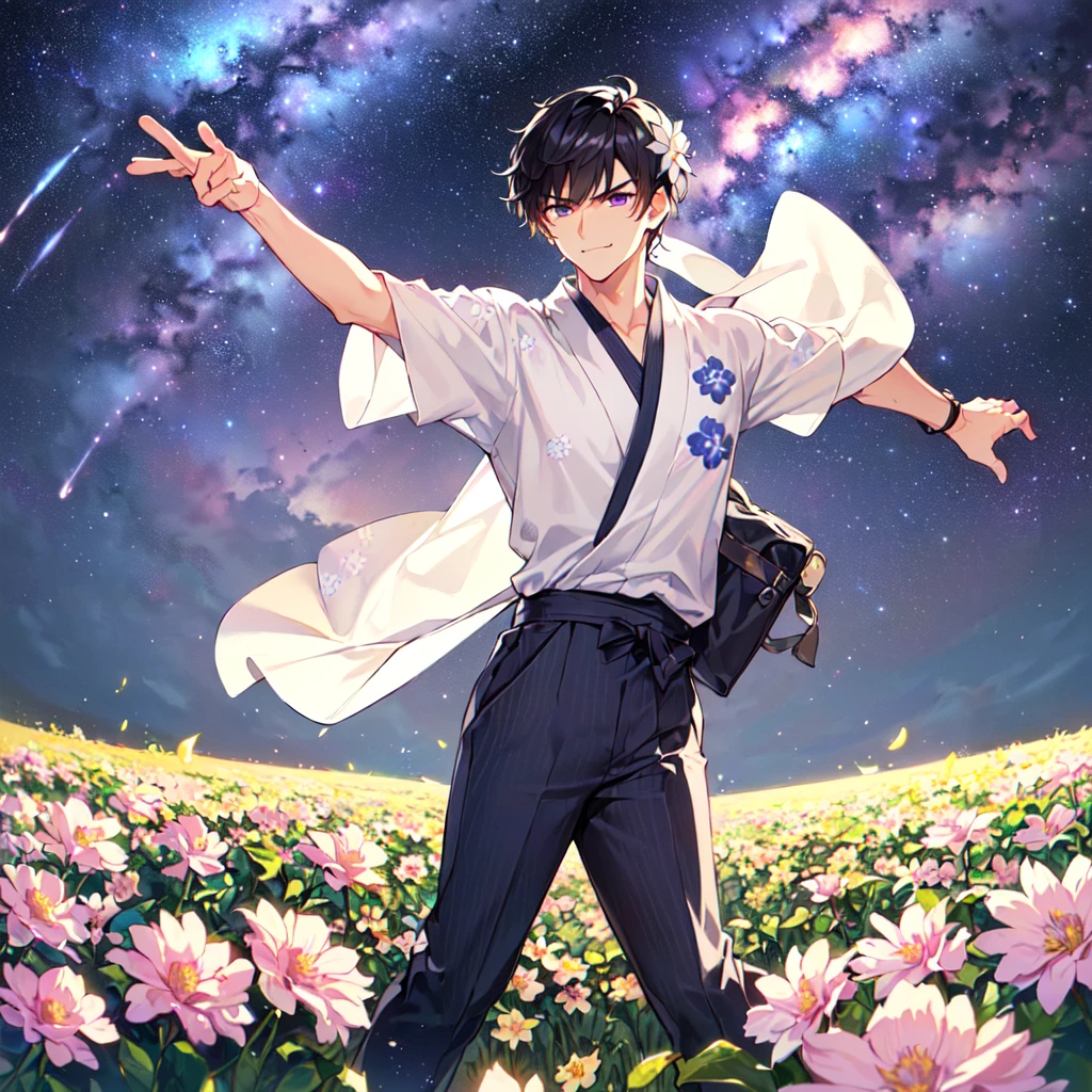 masterpiece,best quality,high quality,(1 male austere handsome solo adult age 30 years:1.5), purple eyes, cool with suspended eyes, V-shaped eyebrows, body strong and fearless 8.5 head tall, height 185 cm, (well-groomed black short hair to neck: 1.4), (bangs 7 thirds parted: 1.4), slender nose, facial muscles, throat, (trousers with yukata short sleeved southern star print: 1.3), (running), (stylish pose), (scowling smile: 1.3), (dynamic pose), (background Milky Way and southern star flower field: 1.5)