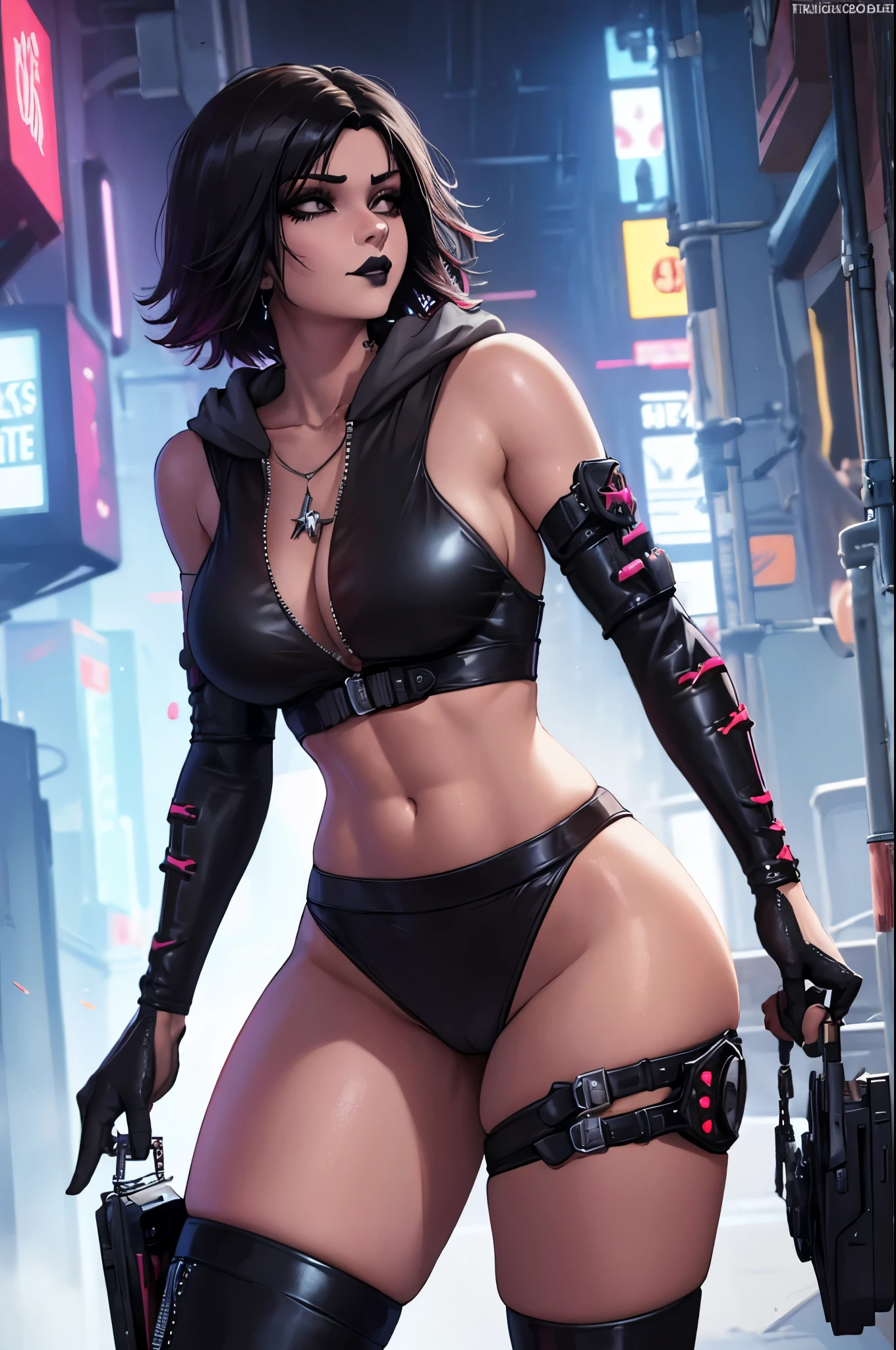 sexy girl, black lipstick, short hair, black stockings, thick ass, clothes, solo, cyberpunk, cyberpunk style, clothes in cyberpunk style. Fully dressed
