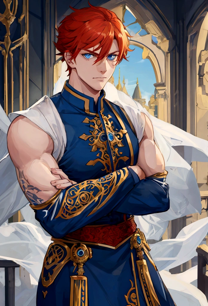 a mad male with blue eyes and ginger hair, with his arms crossed