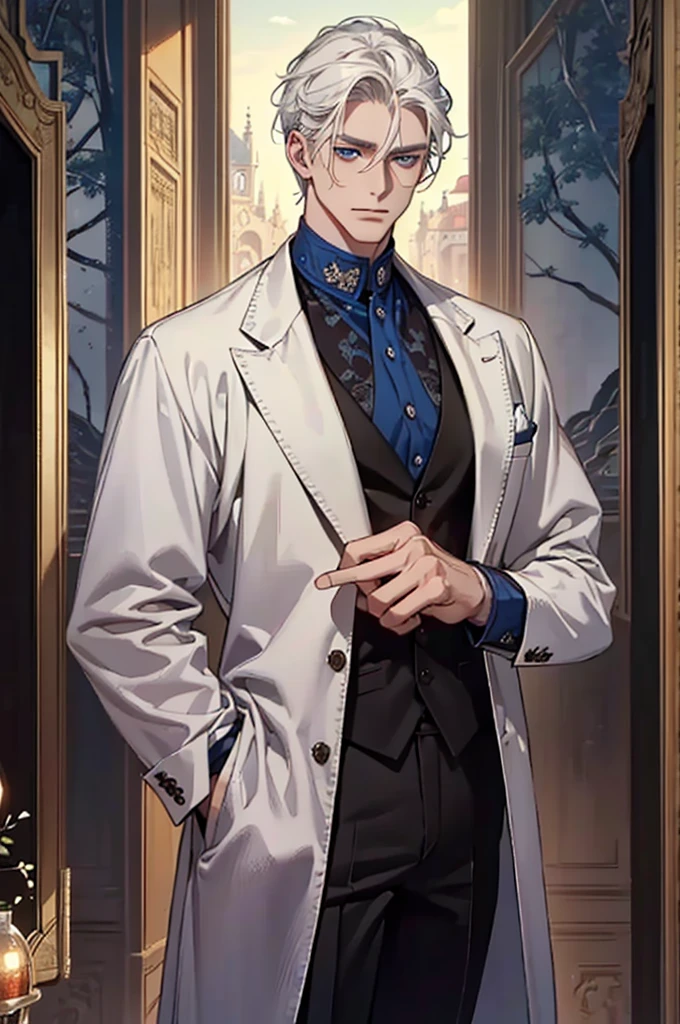 ((masterpiece:1.2, Best quality)), 4k, adult, European face, 1 person, male, mature, masculine, Beautiful, very tall, Muscles, broad shoulders, dark casual wear, White skin, medium white hair, Blue eyes, portrait, sunset, old house with apple trees.