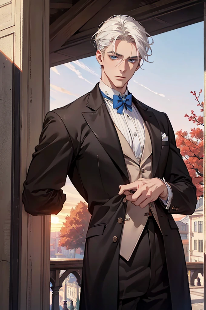 ((masterpiece:1.2, Best quality)), 4k, adult, European face, 1 person, male, mature, masculine, Beautiful, very tall, Muscles, broad shoulders, dark casual wear, White skin, medium white hair, Blue eyes, portrait, sunset, old house with apple trees. 
