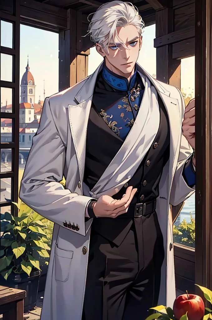 ((masterpiece:1.2, Best quality)), 4k, adult, European face, 1 person, male, mature, masculine, Beautiful, very tall, Muscles, broad shoulders, dark casual wear, White skin, medium white hair, Blue eyes, portrait, sunset, old house with apple trees.