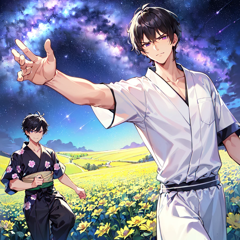 masterpiece,best quality,high quality,(1 male austere handsome solo adult age 30 years:1.5), purple eyes, cool with suspended eyes, V-shaped eyebrows, body strong and fearless 8.5 head tall, height 185 cm, (well-groomed black short hair to neck: 1.4), (bangs 7 thirds parted: 1.4), slender nose, facial muscles, throat, (trousers with yukata short sleeved southern star print: 1.3), (running), (stylish pose), (scowling smile: 1.3), (dynamic pose), (background Milky Way and southern star flower field: 1.5)