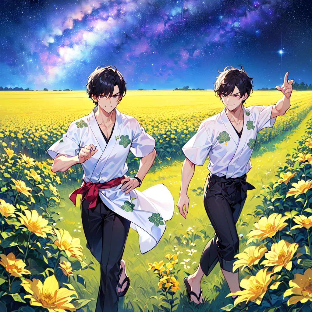 masterpiece,best quality,high quality,(1 male austere handsome solo adult age 30 years:1.5), purple eyes, cool with suspended eyes, V-shaped eyebrows, body strong and fearless 8.5 head tall, height 185 cm, (well-groomed black short hair to neck: 1.4), (bangs 7 thirds parted: 1.4), slender nose, facial muscles, throat, (trousers with yukata short sleeved southern star print: 1.3), (running), (stylish pose), (scowling smile: 1.3), (dynamic pose), (background Milky Way and southern star flower field: 1.5)