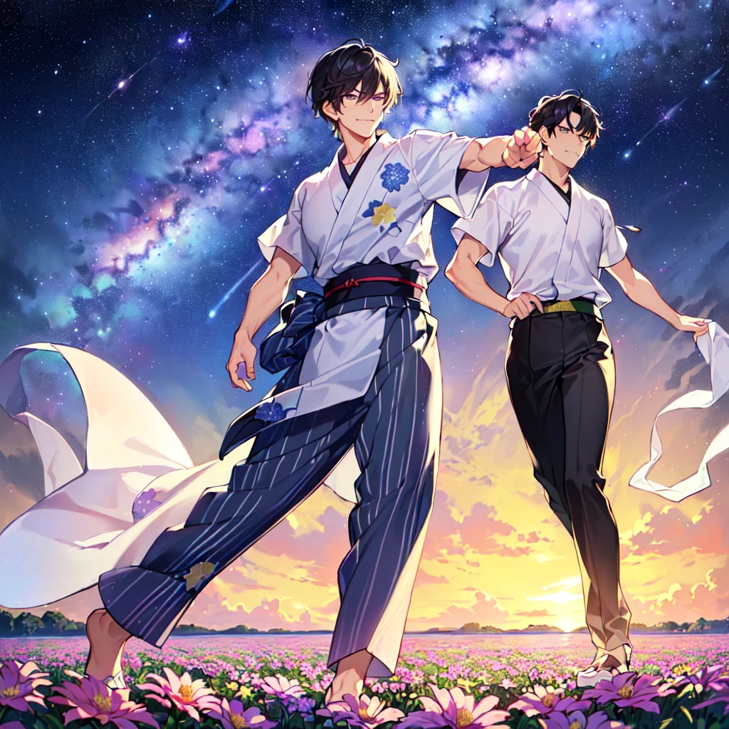 masterpiece,best quality,high quality,(1 male austere handsome solo adult age 30 years:1.5), purple eyes, cool with suspended eyes, V-shaped eyebrows, body strong and fearless 8.5 head tall, height 185 cm, (well-groomed black short hair to neck: 1.4), (bangs 7 thirds parted: 1.4), slender nose, facial muscles, throat, (trousers with yukata short sleeved southern star print: 1.3), (running), (stylish pose), (scowling smile: 1.3), (dynamic pose), (background Milky Way and southern star flower field: 1.5)