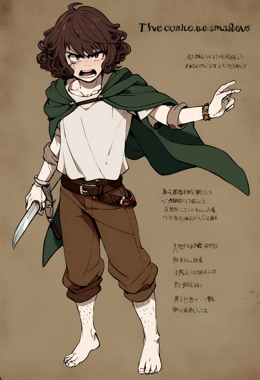 Character details, man, hobbit, single, no shoes, Barefoot, short hair, pixie haircut, Leg hair, pointed, head covering, curly hair, white skin, Middle Ages, adventurer, Fantasy, chocolate hair, dark green coat, brown eyes, angry, A large scar on the cheek, sword on belt, bone bracelet, (scar), There are many shadows., dark color, Brown pants, milk shirt,