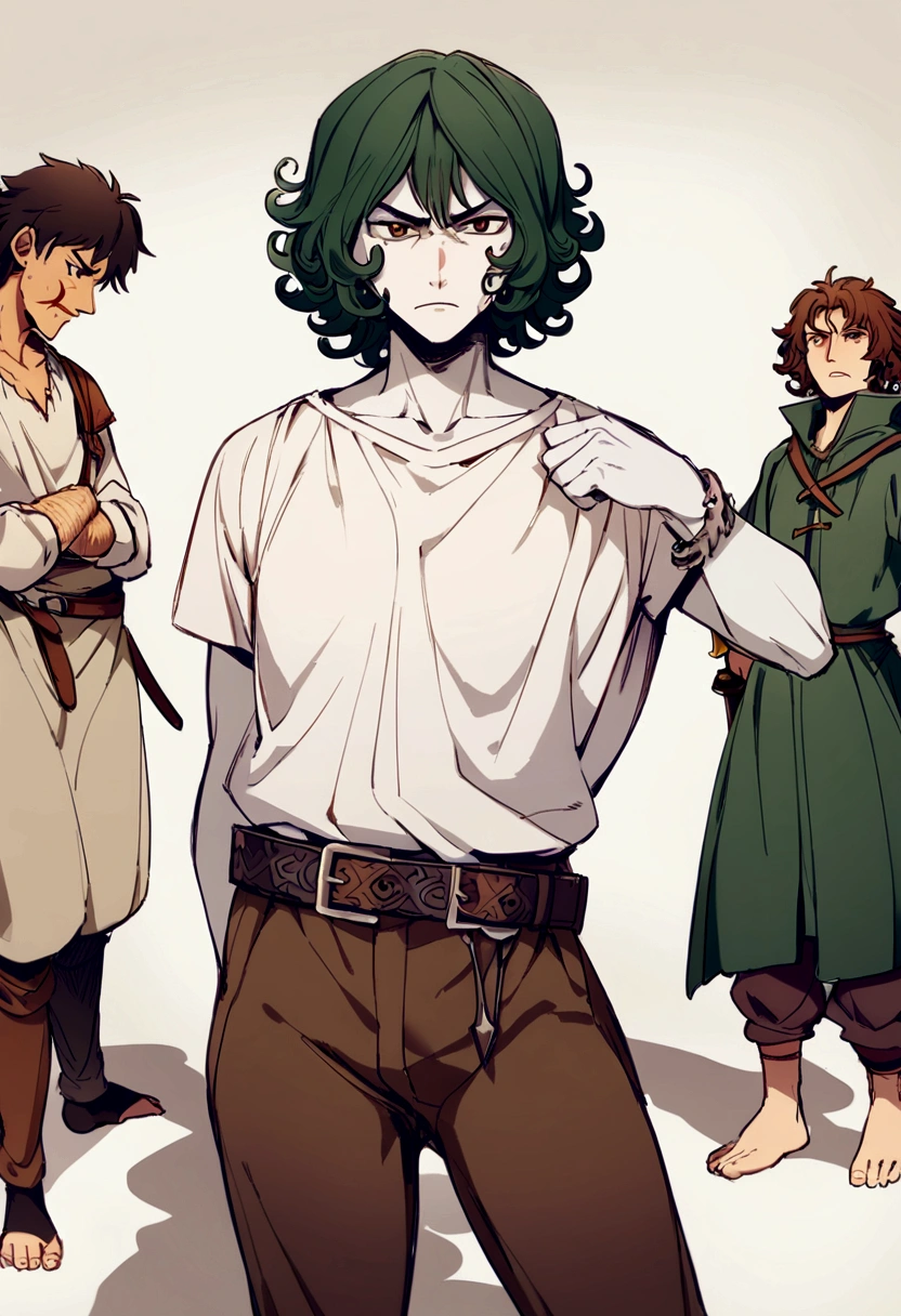 Character details, man, hobbit, single, no shoes, Barefoot, short hair, pixie haircut, Leg hair, pointed, head covering, curly hair, white skin, Middle Ages, adventurer, Fantasy, chocolate hair, dark green coat, brown eyes, angry, A large scar on the cheek, sword on belt, bone bracelet, (scar), There are many shadows., dark color, Brown pants, milk shirt,