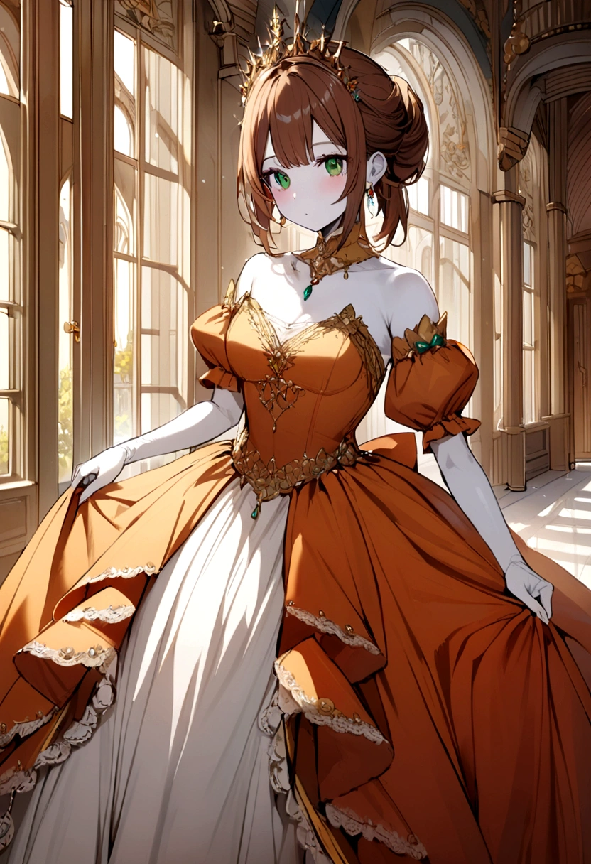 A girl with white skin and caramel-colored reddish brown hair and green eyes while wearing a princess dress while in a palace