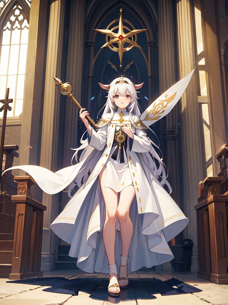 Priest dress, big chest, withe hair, goat horn, Hand in hand.,full body, a church, witch staff