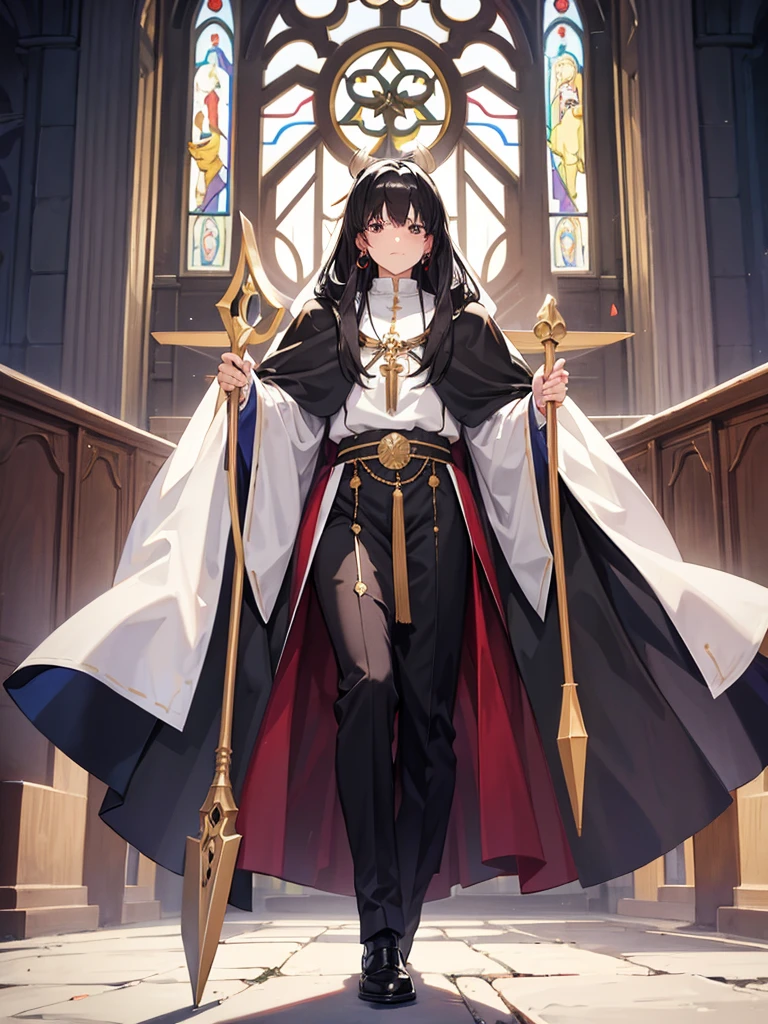 Priest dress, big chest, withe hair, goat horn, Hand in hand.,full body, a church, witch staff