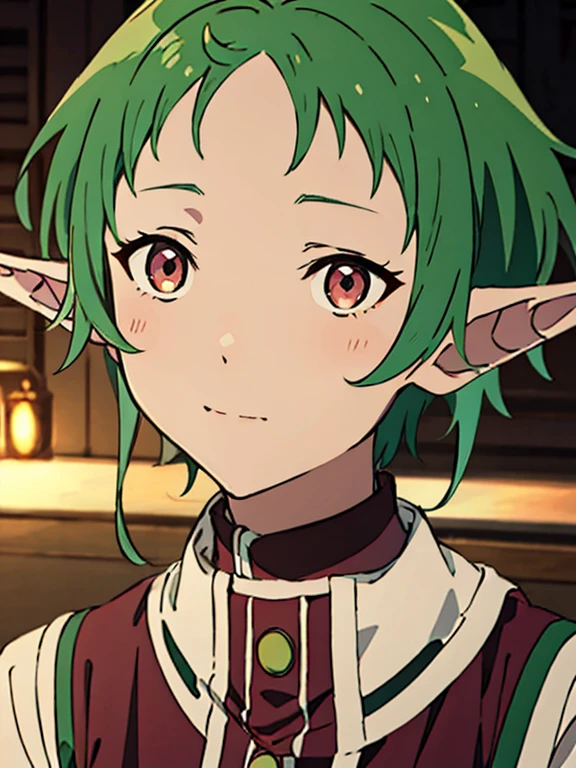 ((best quality)), ((masterpiece)), (detailed), perfect face. Asian girl. Green hair. Short hair. Elf. Maroon eyes, scenary, midle range shot,