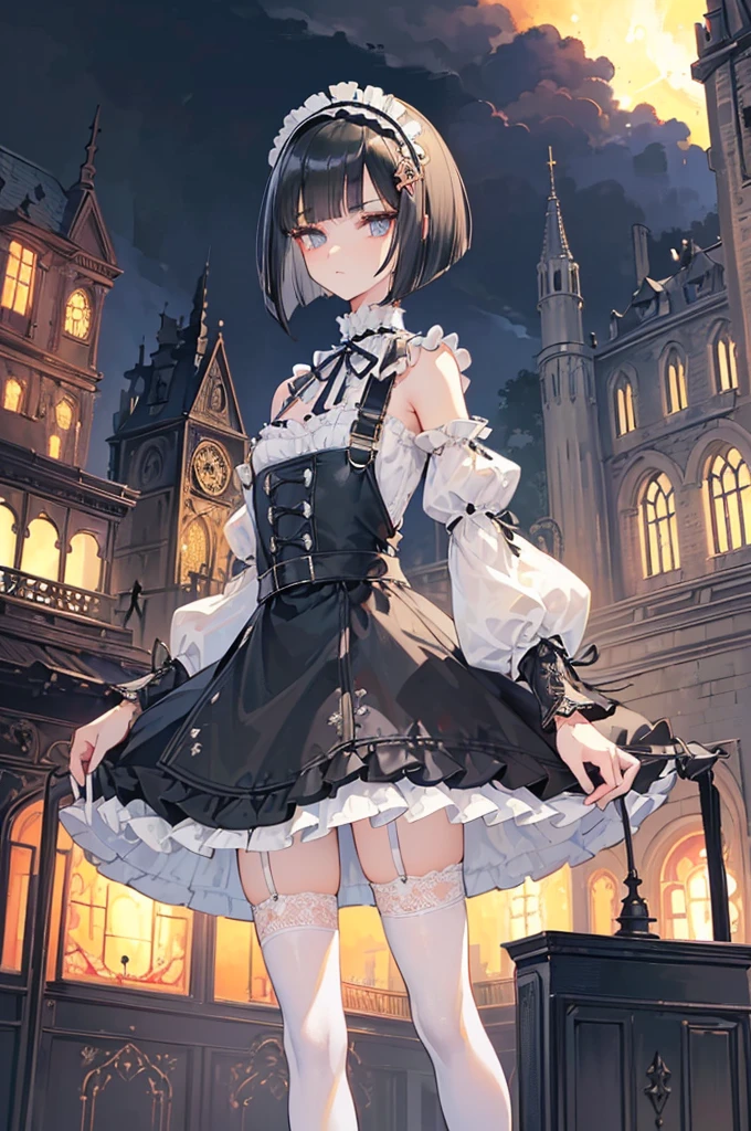(((Masterpiece, top quality, super detailed))), One female, (((Very Slender body))) , (((Long, thin legs))), (((short black bob, thick puffy bangs ))), (((very detailed face))), cosmetics-free, small thin nose, small thin-lipped mouth, (((very sharp focused eyes))), large slit precision pale grey eyes, sparkling like jewels, Long eyelashes, ((Very decorative intricate mechanical steampunk fashion, Lace Flared mini skirt, Lace stockings above the knee, Lace Off-shoulder lolita fashion, Overly decorative fashion)), (((overall accuracy has improved dramatically, creating a super detailed and realistic image))), Super realistic photo,(((upper body))),((burning city background)),city,night,the wood,(furious),night,dark,burning town,