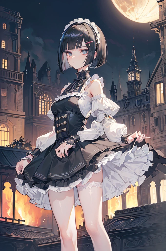 (((Masterpiece, top quality, super detailed))), One female, (((Very Slender body))) , (((Long, thin legs))), (((short black bob, thick puffy bangs ))), (((very detailed face))), cosmetics-free, small thin nose, small thin-lipped mouth, (((very sharp focused eyes))), large slit precision pale grey eyes, sparkling like jewels, Long eyelashes, ((Very decorative intricate mechanical steampunk fashion, Lace Flared mini skirt, Lace stockings above the knee, Lace Off-shoulder ta fashion, Overly decorative fashion)), (((overall accuracy has improved dramatically, creating a super detailed and realistic image))), Super realistic photo,(((upper body))),((burning city background)),city,night,the wood,(furious),night,dark,burning town,