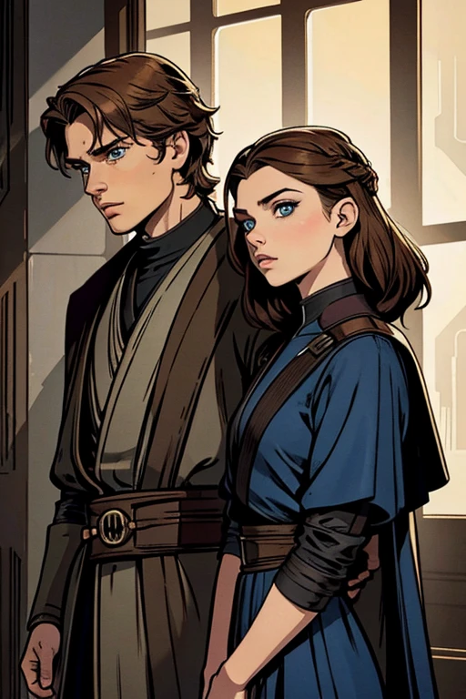 Anakin Skywalker and a senator identical to Natalie Dormer in Star Wars but the senator has brown hair and blue eyes, son esposos