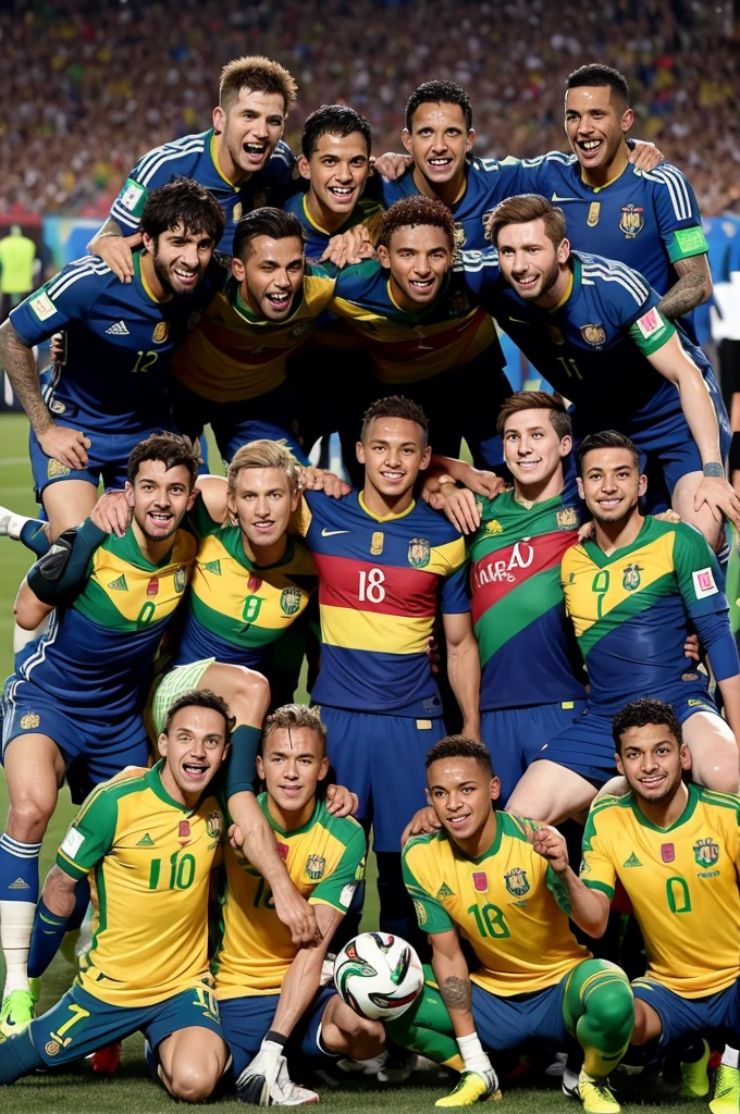 I want you to make an image like the Brazilian team taking a photo at the World Cup, but it needs to have Cristiano Ronaldo Neymar and the bad béligan Messi and Vini Júnior