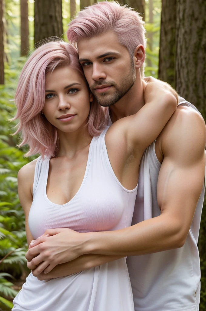 a mature man with white hair, short beard, sleeveless shirt, muscles in his arms, hugging a young woman with pink hair, woman with pink hair and nude dress, hugging with a forest in the background, high quality, best quality
