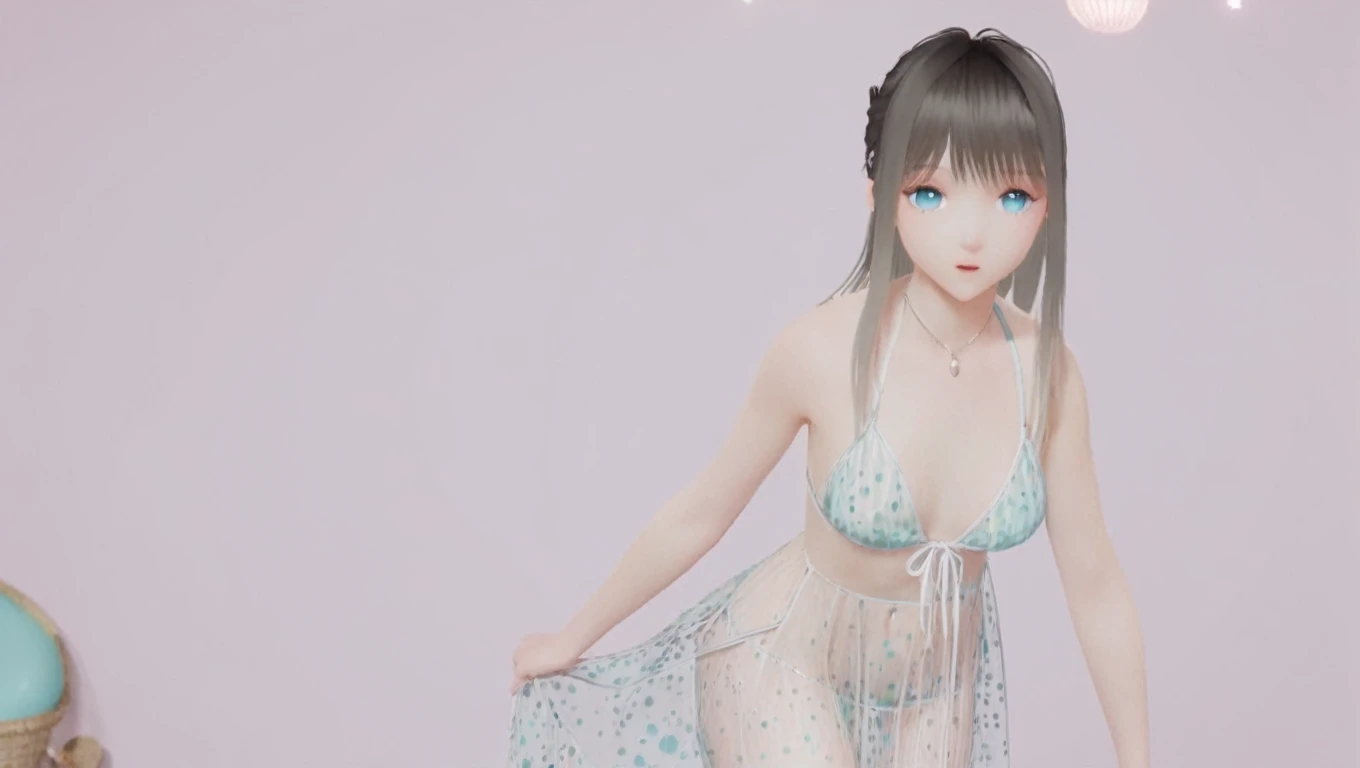 (8k, best quality, masterpiece), (ultra-detailed:1.1), (high detailed skin),1girl, arms_behind_back, bangs, bikini, blue_eyes, breasts, cowboy_shot, long_hair, looking_at_viewer, parted_lips, polka_dot, polka_dot_bikini, see-through, dress,solo, standing, swimsuit,