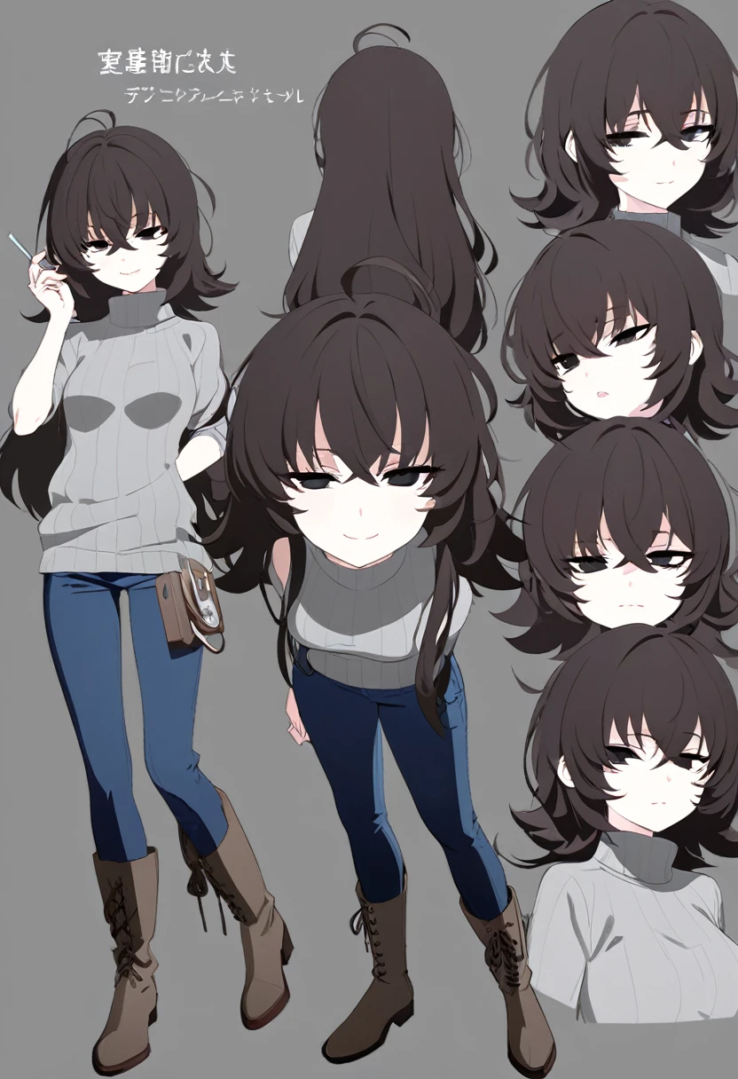 One Woman,Downer,older sister,Concept Art,Dark brown hair,Straight hair with slight inward curls,Staring eyes,Eye Ridge,black eye,Crossed bangs,whole body,smile,Slightly larger breasts,Gray background,Bangs that reach down to the eyes,Messy hair,Tight dark jeans,Gray turtleneck sweater,Multiple views of the same character,Character Design,Dark circles under the eyes,Bad look,Listless,Sloppy,accessories,Cafe staff,Holding a cigarette,whole bodyCharacter Design,Detailed hands,Height: 170cm,boots,
