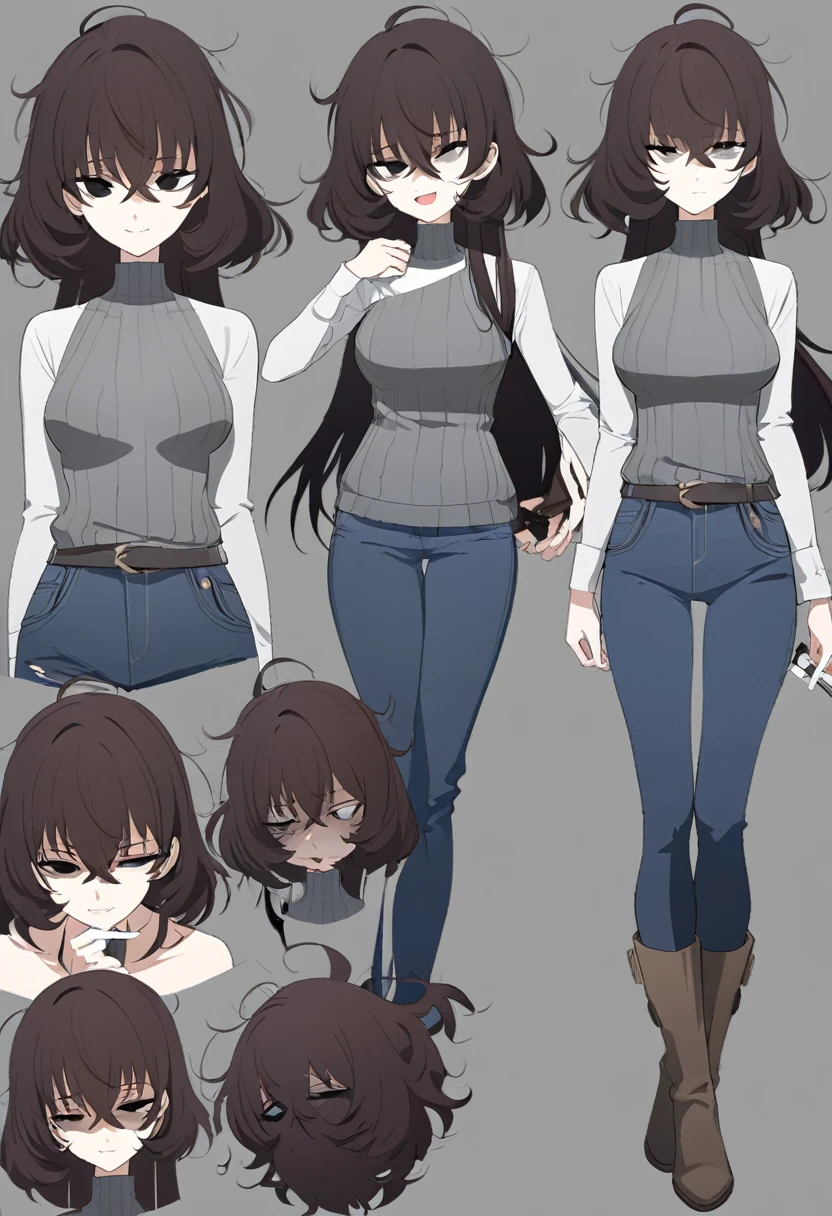 One Woman,Downer,older sister,Concept Art,Dark brown hair,Straight hair with slight inward curls,Staring eyes,Eye Ridge,black eye,Crossed bangs,whole body,smile,Slightly larger breasts,Gray background,Bangs that reach down to the eyes,Messy hair,Tight dark jeans,Gray turtleneck sweater,Multiple views of the same character,Character Design,Dark circles under the eyes,Bad look,Listless,Sloppy,accessories,Cafe staff,Holding a cigarette,whole bodyCharacter Design,Detailed hands,Height: 170cm,boots,