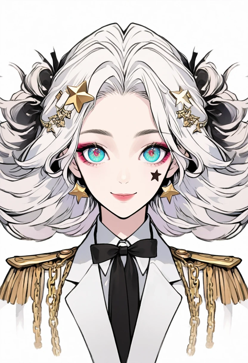 (Digital Illustration,Detailed anime style girl portrait,Solitary,symmetry),(Big colorful eyes,Fashionable and exquisite facial features,Exquisite makeup,Smile,Star symbol mark on cheek,Soulful gaze,),(Fluffy long hair,Beautiful hairstyle,Hairpin),(Black suit,Epaulettes-Chain,cool,),Clean and simple white background,(((Correct human anatomy)))