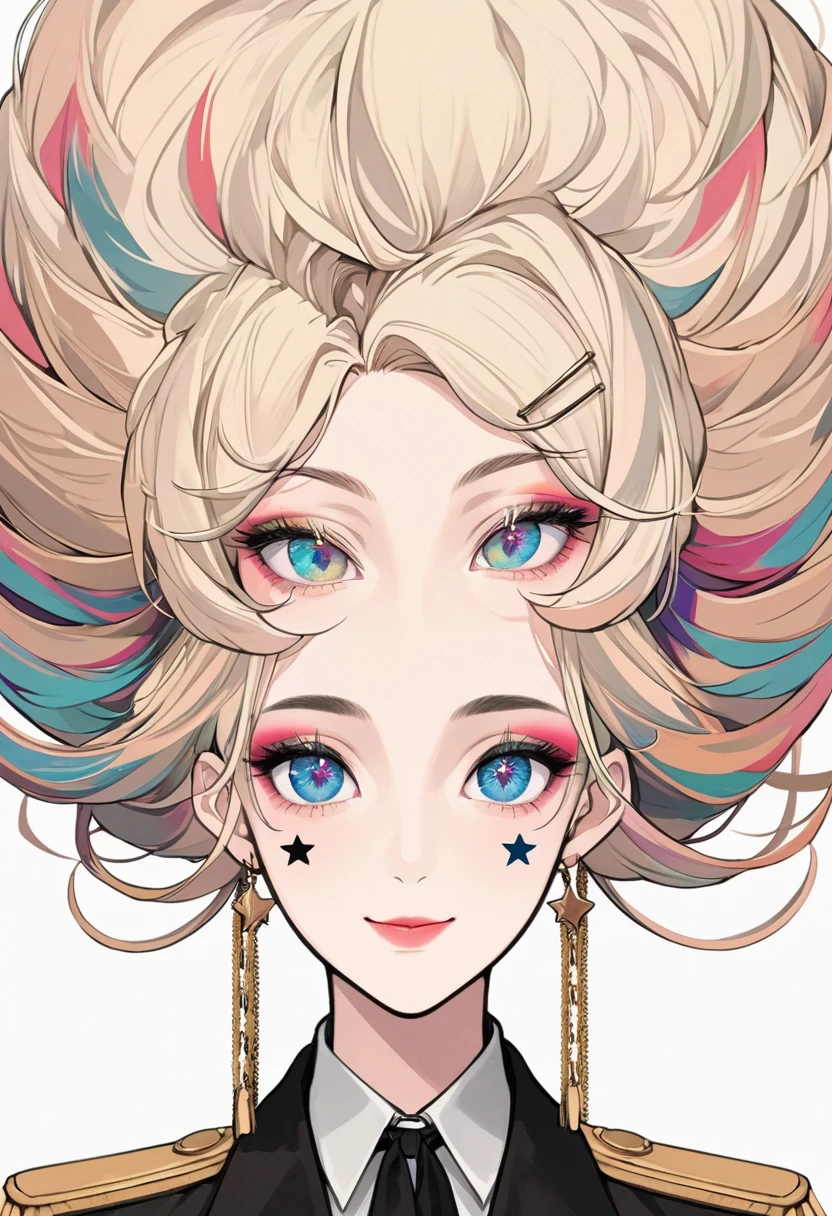 (Digital Illustration,Detailed anime style girl portrait,Solitary,symmetry),(Big colorful eyes,Fashionable and exquisite facial features,Exquisite makeup,Smile,Star symbol mark on cheek,Soulful gaze,),(Fluffy long hair,Beautiful hairstyle,Hairpin),(Black suit,Epaulettes-Chain,cool,),Clean and simple white background,(((Correct human anatomy)))