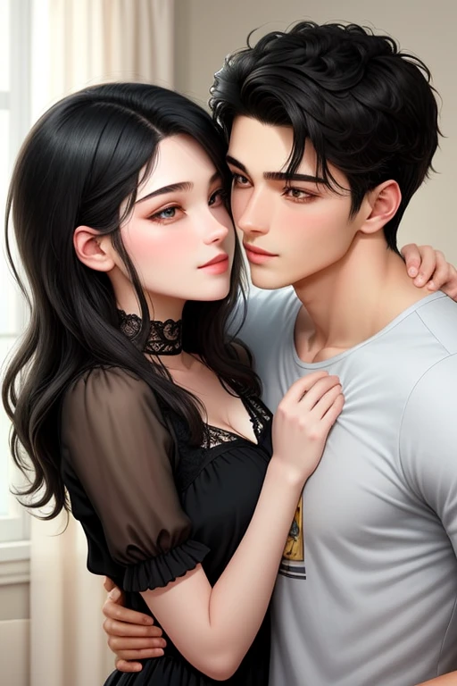 Man and woman, at bedroom drunk, aggressive kissing kiss, Man Hugging woman from back and kissing, Lovers. Hand on the waist. Hand on the neck. Hand on the face.
20-year-old boy and 18-year-old girl. cute, sunny, warm vibes, Handsome-cool-warm-boy with black hair and hot-seductive-sexy-cute-beautiful-girl with black hair and blushing face. Intimate vibes. Detailed face, Detailed eyes, double eyelid,