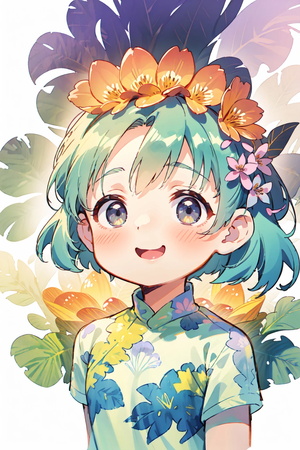 finely detailed illustration, best quality, masterpiece, vibrant color, 8-year-old、pretty girl、Nendoroid wearing a wedding dress standing in front of a painting、Laughter、Cute pose、Watercolor Nendoroid、(High Resolution Figure)、Flowing iridescent silk、Close-up of face、Look up、Heart symbol、Floral Dress、There is also a flower in front of the bottom petal of the Nendoroid.........、season!!: summer☀ 🍂、((A wonderful painting with super multiple exposure where you can see the background through the clothes))