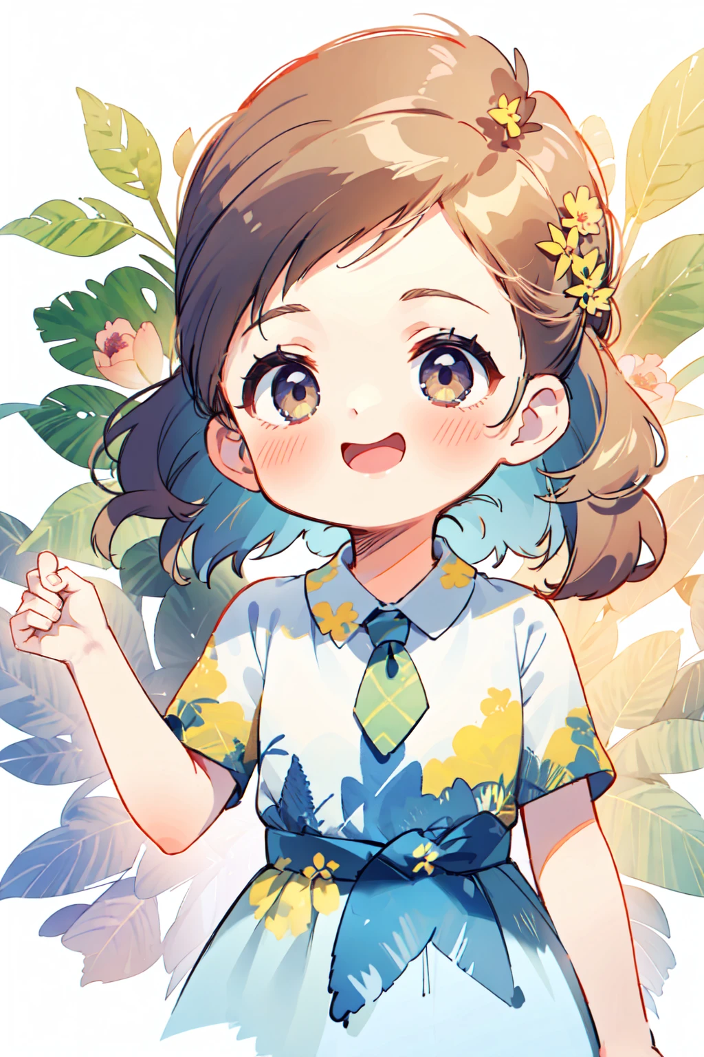 finely detailed illustration, best quality, masterpiece, vibrant color, 8-year-old、pretty girl、Nendoroid wearing a wedding dress standing in front of a painting、Laughter、Cute pose、Watercolor Nendoroid、(High Resolution Figure)、Flowing iridescent silk、Close-up of face、Look up、Heart symbol、Floral Dress、There is also a flower in front of the bottom petal of the Nendoroid.........、season!!: summer☀ 🍂、((A wonderful painting with super multiple exposure where you can see the background through the clothes))