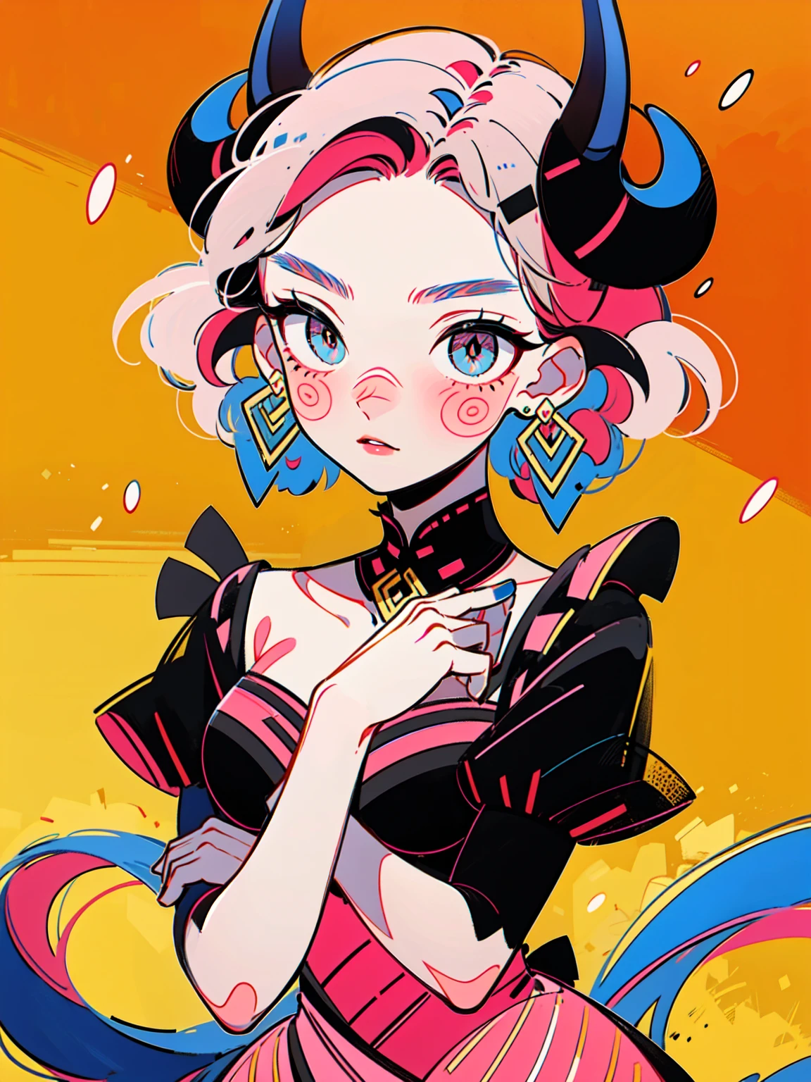 4lb1n0, 1girl, hot pink hair, Big eyes, Flower pattern on eyes, Pupil shape, glowing gold eyes, neon triangle earrings, sequined dress, glossy coral lips, portrait with dynamic pose, dance club background, masterpiece, best quality, cut3h0rnstyl3, looking down, horns, (Dance Floor Demon)