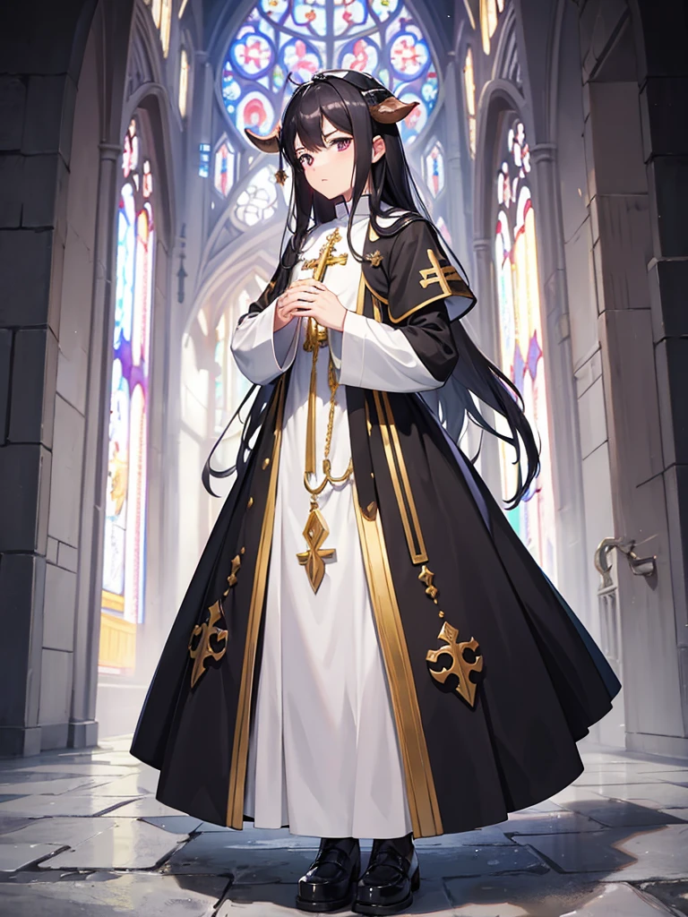 Priest dress, big chest, withe hair, goat horn, Hand in hand.,full body, a church