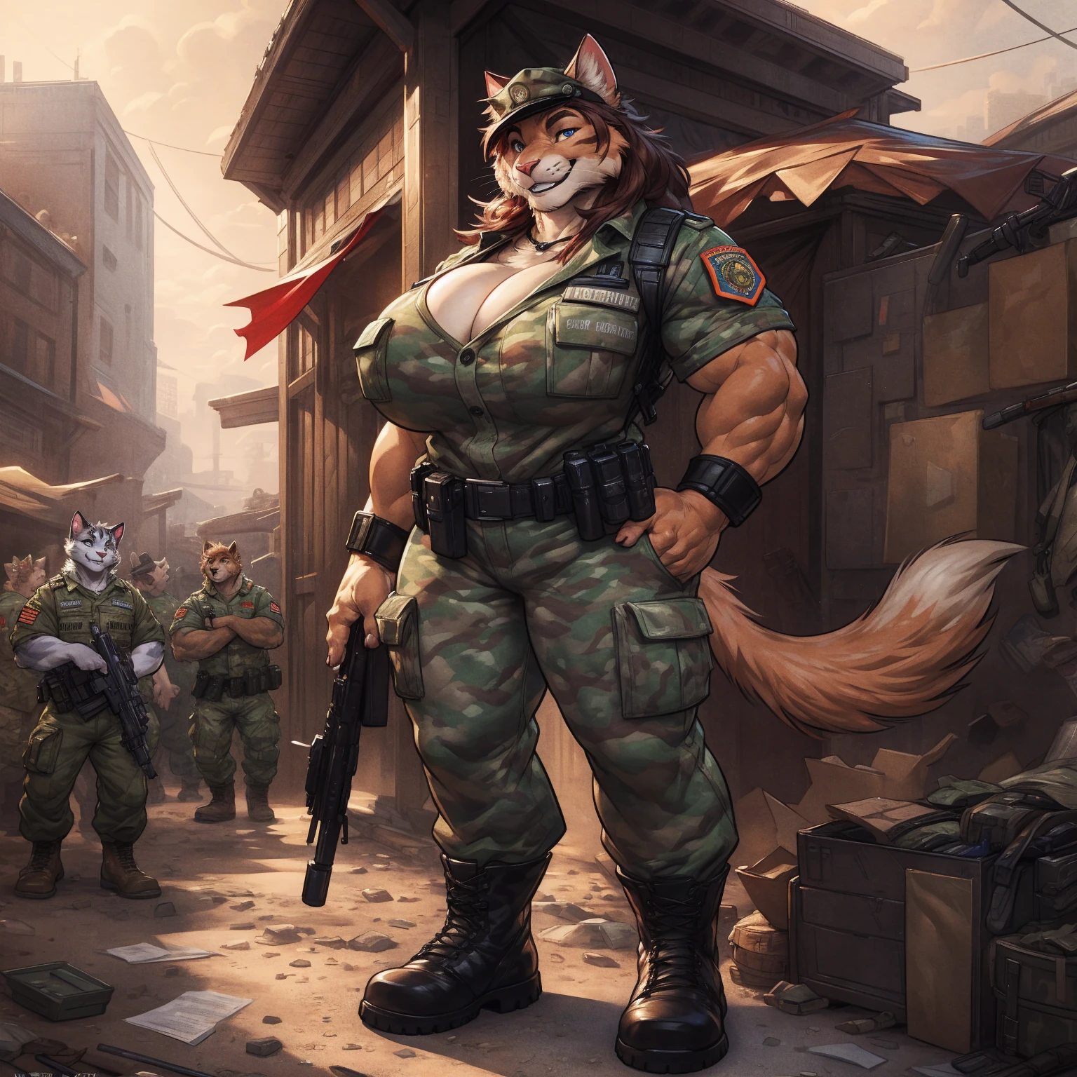 solo, 1girl, feline, cat girl, female, buff, muscular, huge breasts, highly detailed eyes, Amazon, wearing camouflage_uniform, (urban uniform:1.2), military camp, rolled sleeves, shirt, trousers, cleavage, standing upright, combat boots, full body, smiling, friendly, looking at viewer, realistic lighting, by darkgem, by wfa, by bng,