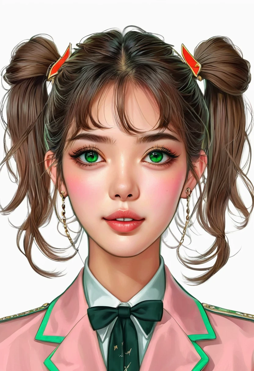 (Digital Illustration,Detailed anime style girl portrait,Solitary,symmetry),(Big colorful eyes,Fashionable and exquisite facial features,Exquisite makeup,Sweet smile,Star symbol mark on cheek,Soulful gaze,),(Fluffy high ponytails,Hairpin),(White high collar lace shirt,Green suit,Epaulettes-Chain,cool,),Clean and simple white background,(((Correct human anatomy)))