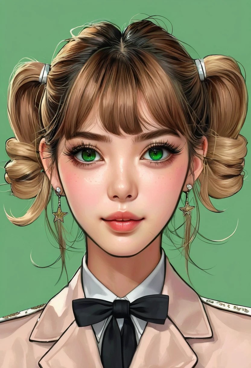 (Digital Illustration,Detailed anime style girl portrait,Solitary,symmetry),(Big colorful eyes,Fashionable and exquisite facial features,Exquisite makeup,Sweet smile,Star symbol mark on cheek,Soulful gaze,),(Fluffy high ponytails,Hairpin),(White high collar lace shirt,Green suit,Epaulettes-Chain,cool,),Clean and simple white background,(((Correct human anatomy)))